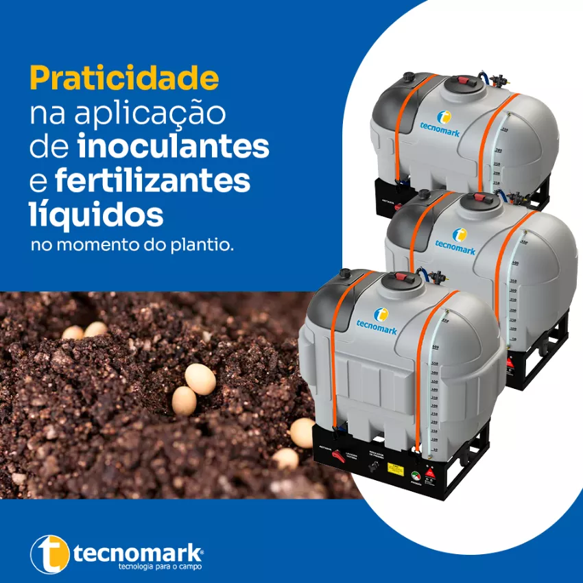 Praticidade na aplicação de inoculantes e fertilizantes líquidos no momento do plantio. 